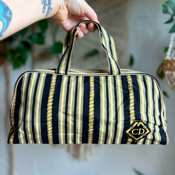 Vintage Christian Dior Vanity Bag CD Logo Stripe Travel Toiletry Case Cosmetic - Picture 1 of 16
